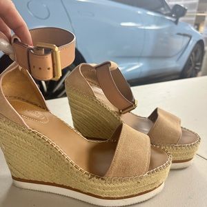 See by Chloe nude and white wedges with nude ankle strap